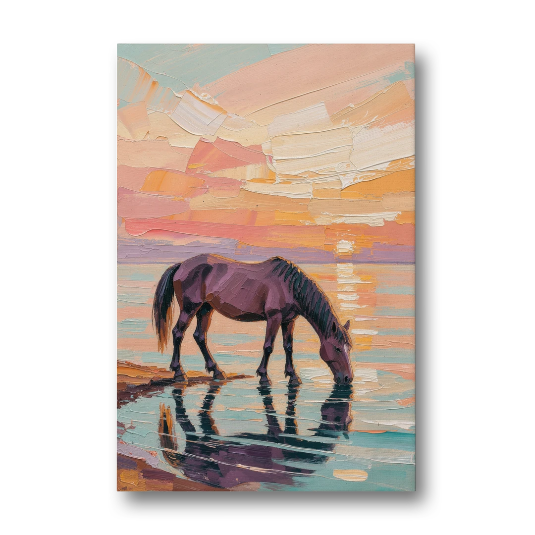 Equine Wall Art of a Horse Drinking at Sunset - Canvas Wall Art - Front