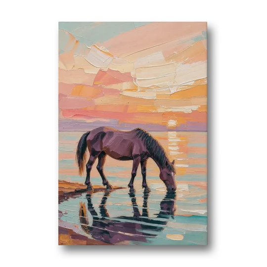 Equine Wall Art of a Horse Drinking at Sunset - Canvas Wall Art - Front