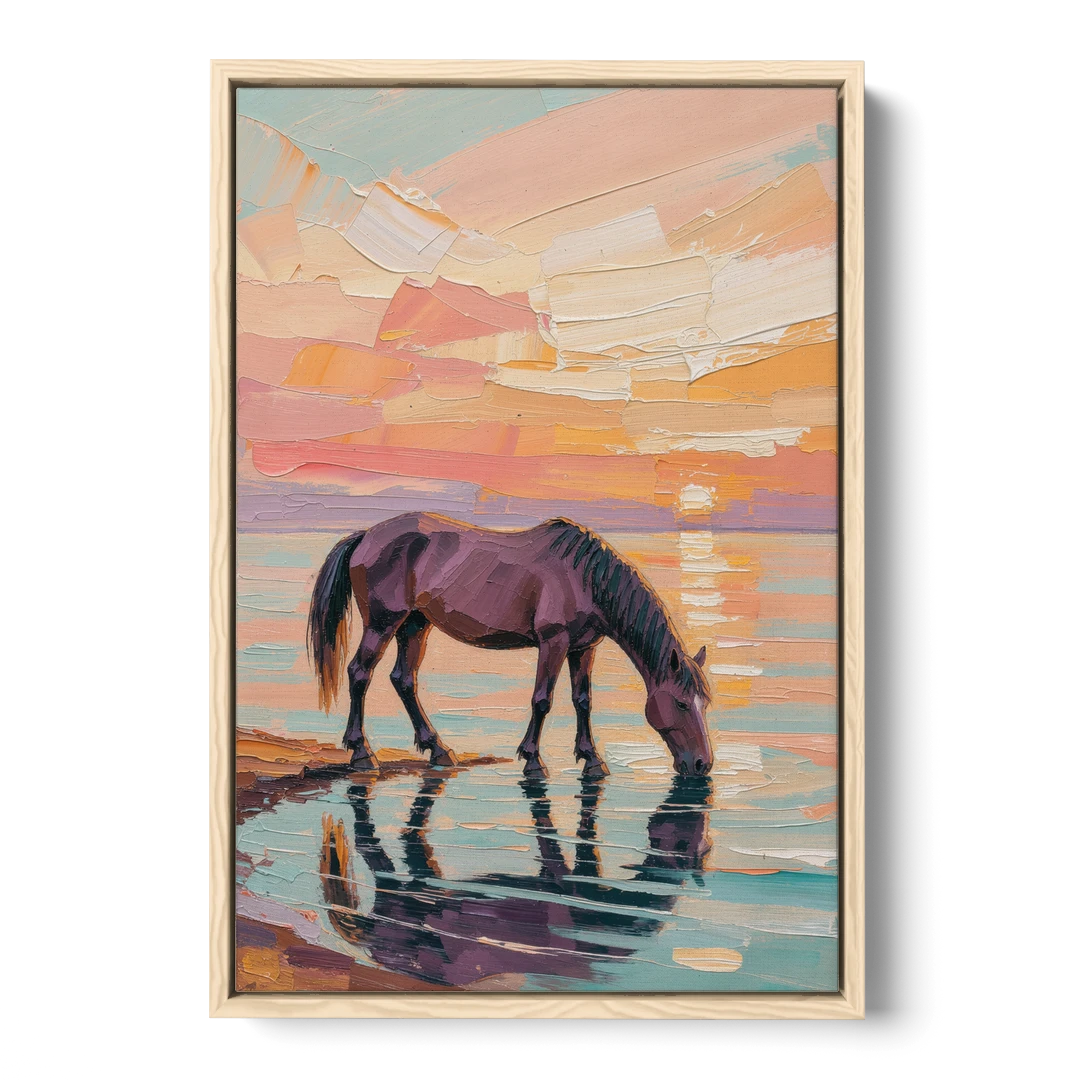 Equine Wall Art of a Horse Drinking at Sunset - Oak Framed Canvas Wall Art - Front