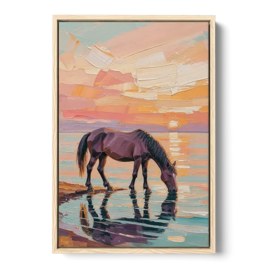 Equine Wall Art of a Horse Drinking at Sunset - Oak Framed Canvas Wall Art - Front