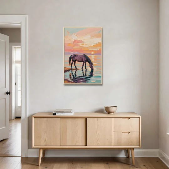 Equine Wall Art of a Horse Drinking at Sunset - Oak Framed Canvas Wall Art - Coffee Table - 24x36