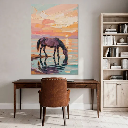 Equine Wall Art of a Horse Drinking at Sunset - Canvas Wall Art - Office - 40x60
