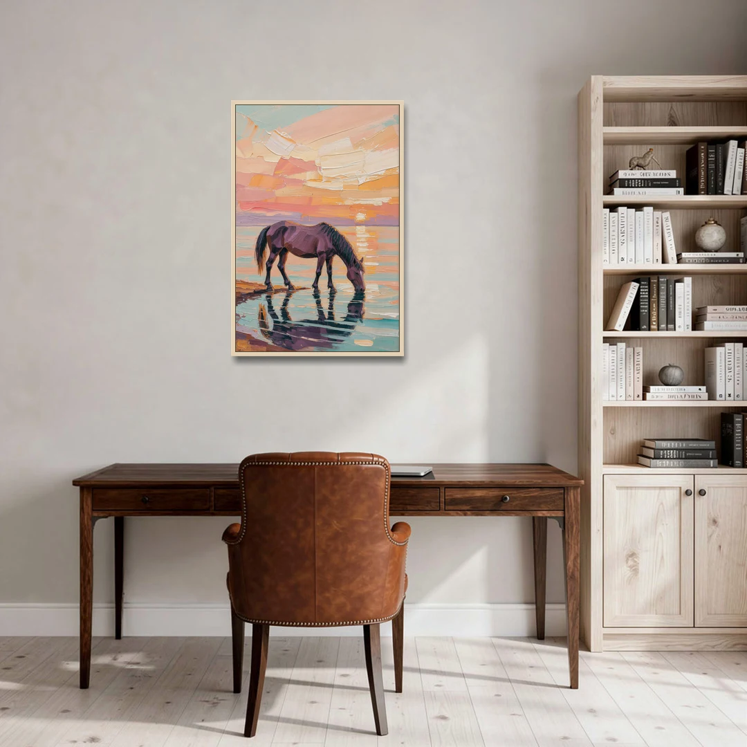 Equine Wall Art of a Horse Drinking at Sunset - Oak Framed Canvas Wall Art - Office - 24x36