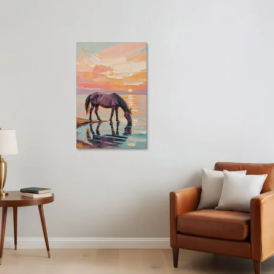 Equine Wall Art of a Horse Drinking at Sunset - Canvas Wall Art - Sofa - 24x36
