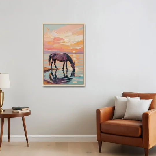Equine Wall Art of a Horse Drinking at Sunset - Oak Framed Canvas Wall Art - Sofa - 24x36