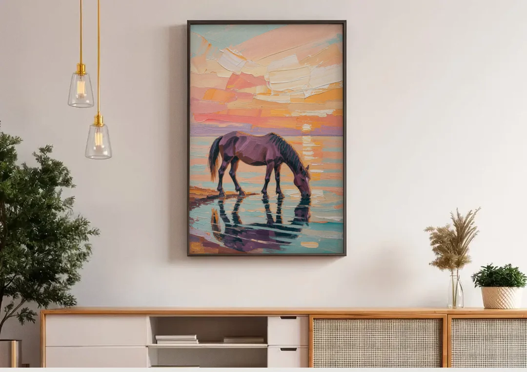 Equine Wall Art of a Horse Drinking at Sunset canvas wall art above a wooden sideboard under pendant lights