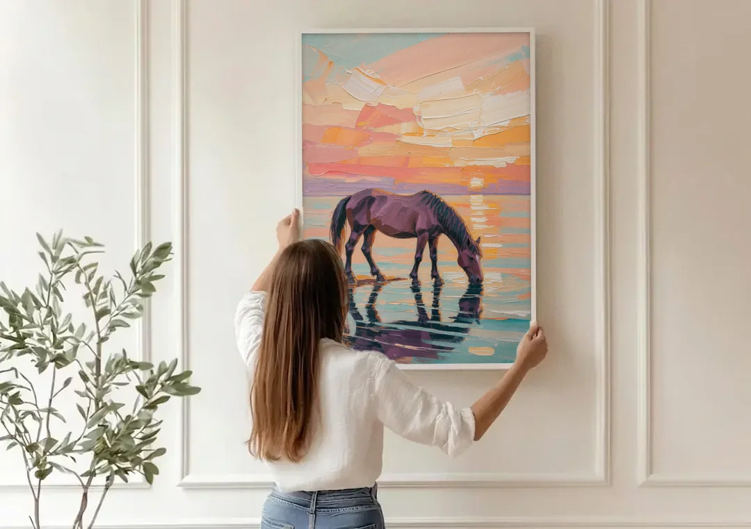 Equine Wall Art of a Horse Drinking at Sunset canvas wall art being hung on a paneled wall