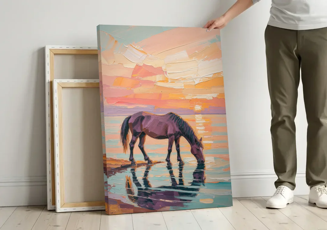 Equine Wall Art of a Horse Drinking at Sunset canvas wall art leaning against a wall next to blank canvases