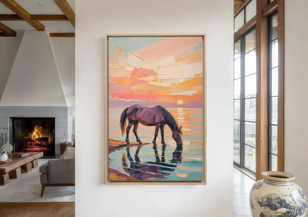 Equine Wall Art of a Horse Drinking at Sunset canvas wall art in a living room with a fireplace
