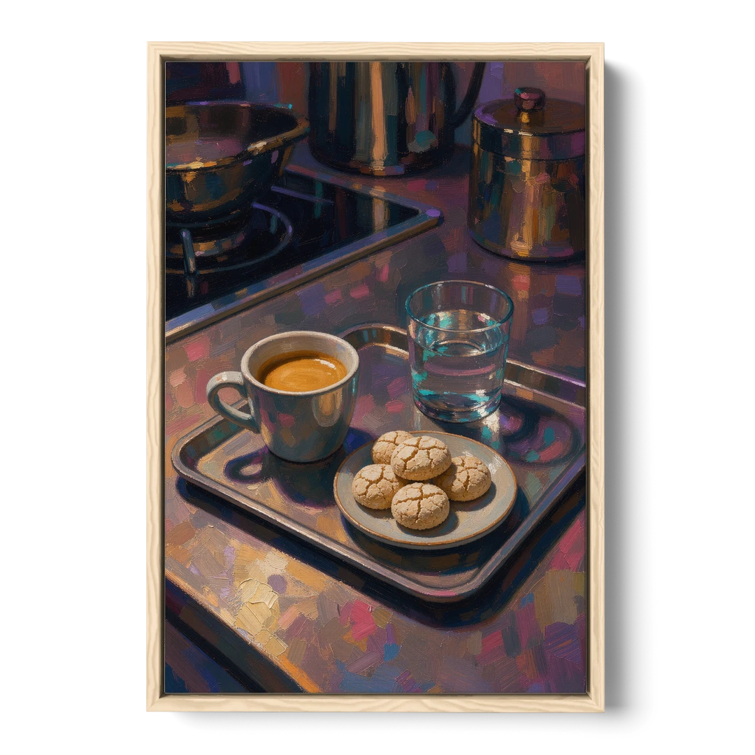 Espresso and Amaretti Coffee Tray - Oak Framed Canvas Wall Art - Front