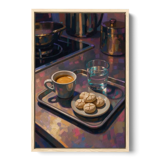 Espresso and Amaretti Coffee Tray - Oak Framed Canvas Wall Art - Front