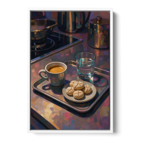 Espresso and Amaretti Coffee Tray - White Framed Canvas Wall Art - Front