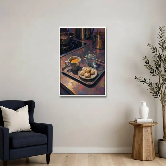 Espresso and Amaretti Coffee Tray - White Framed Canvas Wall Art - Sofa - 24x36