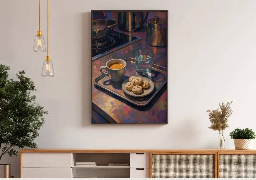 Espresso and Amaretti Coffee Tray canvas wall art above a wooden sideboard under pendant lights