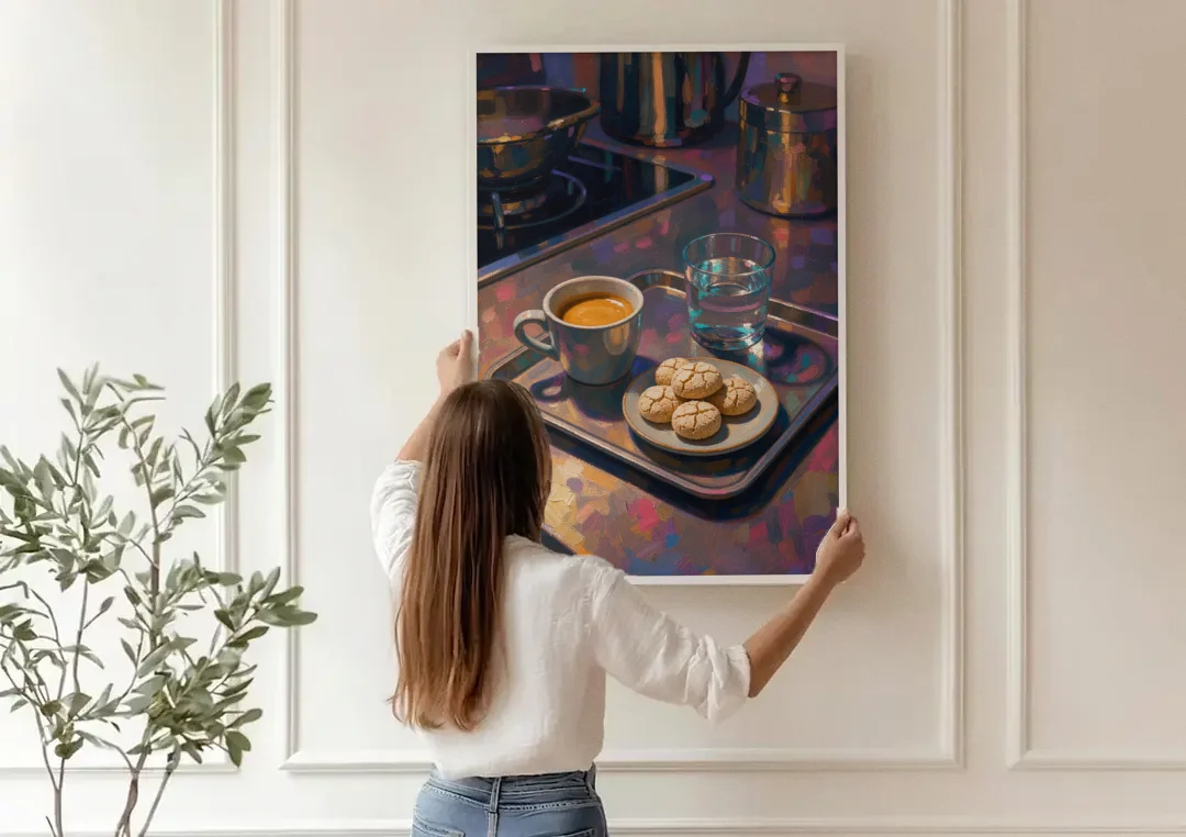 Espresso and Amaretti Coffee Tray canvas wall art being hung on a paneled wall