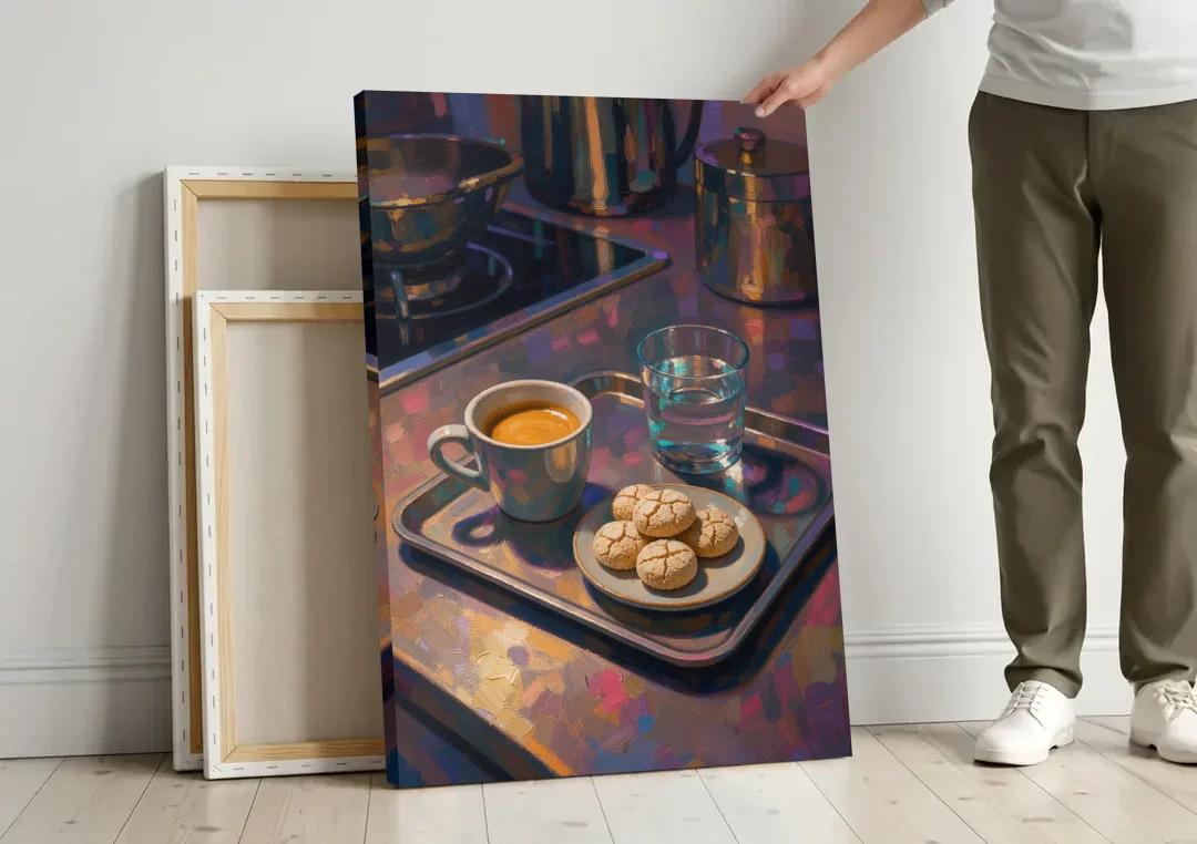Espresso and Amaretti Coffee Tray canvas wall art leaning against a wall next to blank canvases