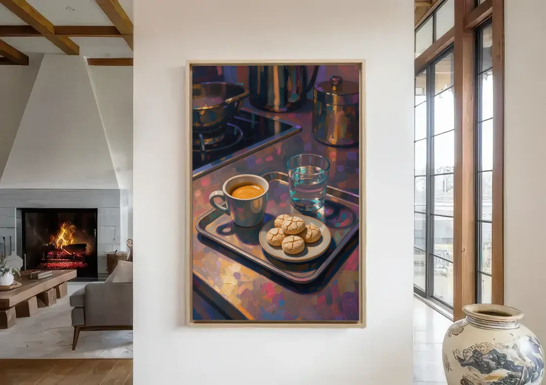 Espresso and Amaretti Coffee Tray canvas wall art in a living room with a fireplace