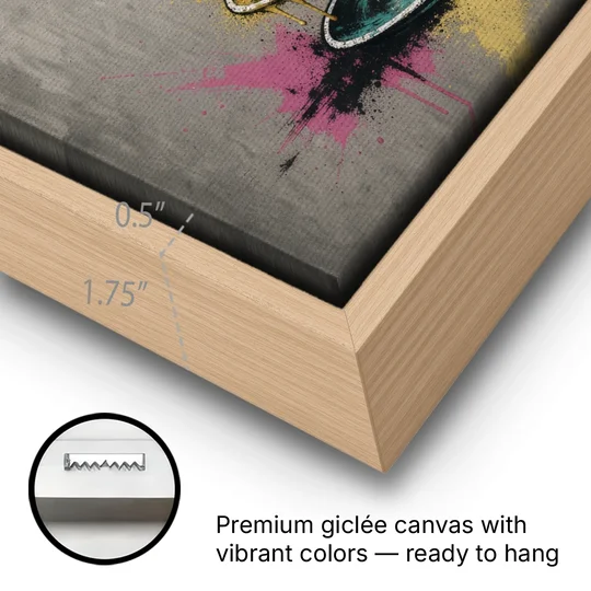 Street Art Espresso Cup Tower Splash - Oak Framed Canvas Wall Art - Gallery Wrap Corner
