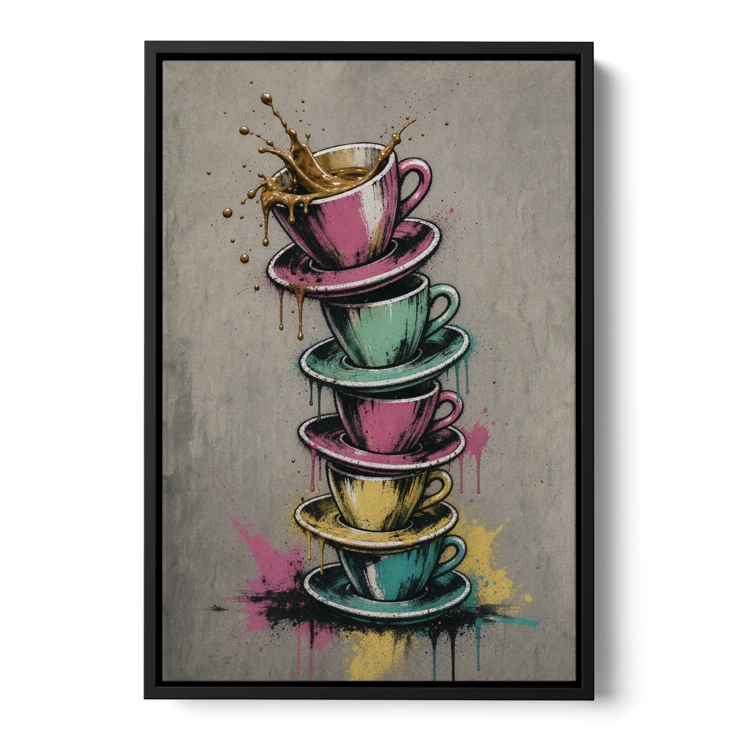 Street Art Espresso Cup Tower Splash - Black Framed Canvas Wall Art - Front