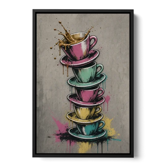 Street Art Espresso Cup Tower Splash - Black Framed Canvas Wall Art - Front