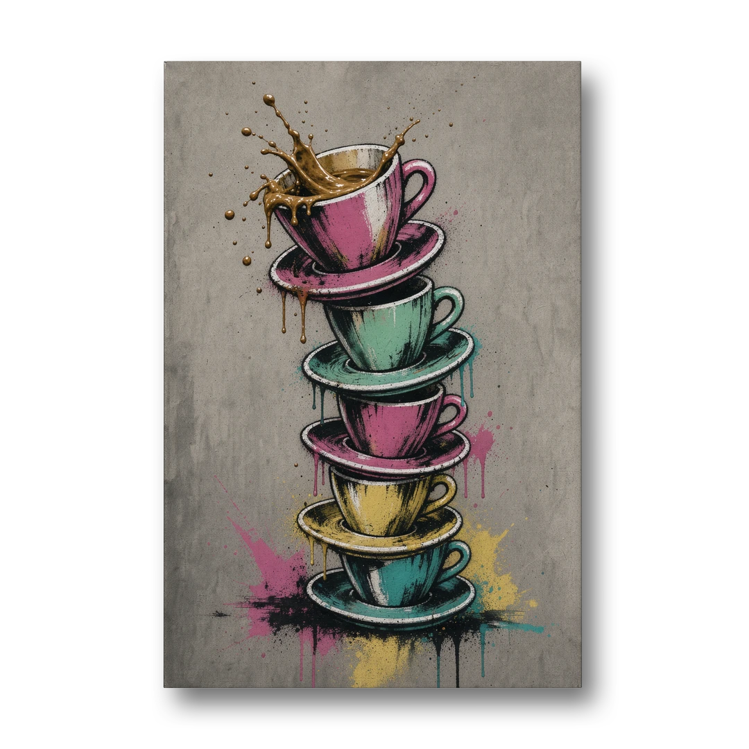 Street Art Espresso Cup Tower Splash - Canvas Wall Art - Front