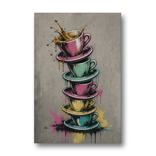 Street Art Espresso Cup Tower Splash - Canvas Wall Art - Front