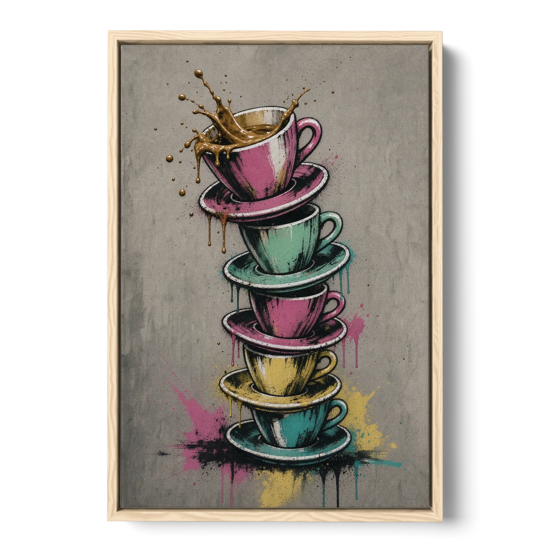 Street Art Espresso Cup Tower Splash - Oak Framed Canvas Wall Art - Front