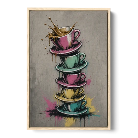 Street Art Espresso Cup Tower Splash - Oak Framed Canvas Wall Art - Front