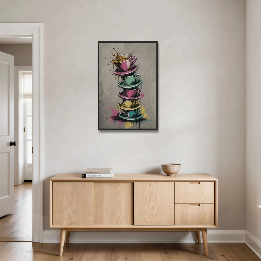 Street Art Espresso Cup Tower Splash - Black Framed Canvas Wall Art - Coffee Table - 24x36