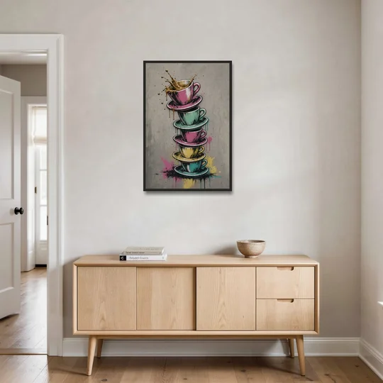 Street Art Espresso Cup Tower Splash - Black Framed Canvas Wall Art - Coffee Table - 24x36