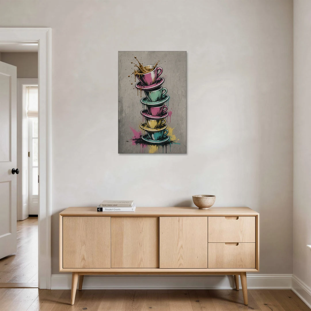 Street Art Espresso Cup Tower Splash - Canvas Wall Art - Coffee Table - 24x36