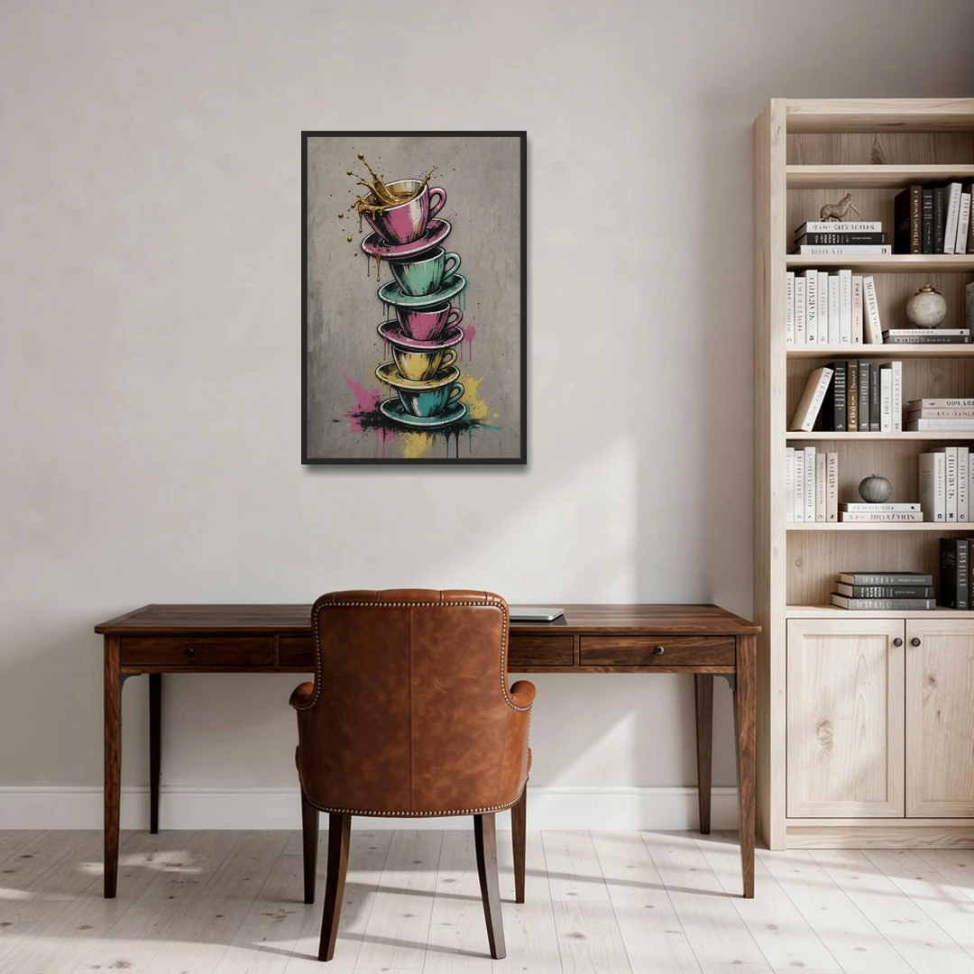 Street Art Espresso Cup Tower Splash - Black Framed Canvas Wall Art - Office - 24x36