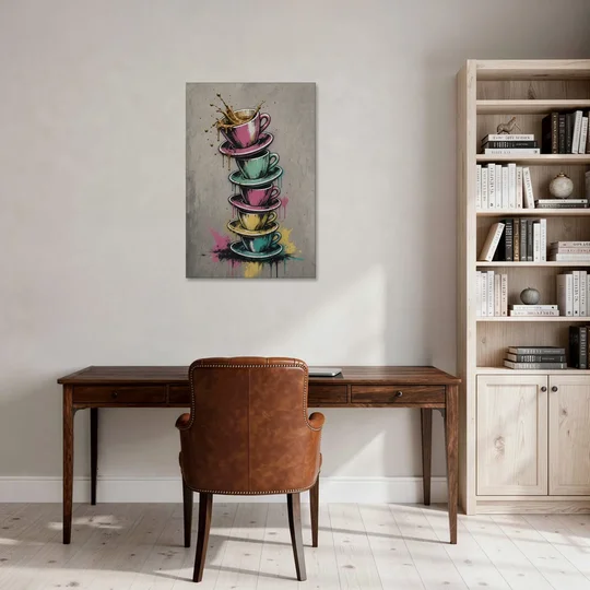 Street Art Espresso Cup Tower Splash - Canvas Wall Art - Office - 24x36