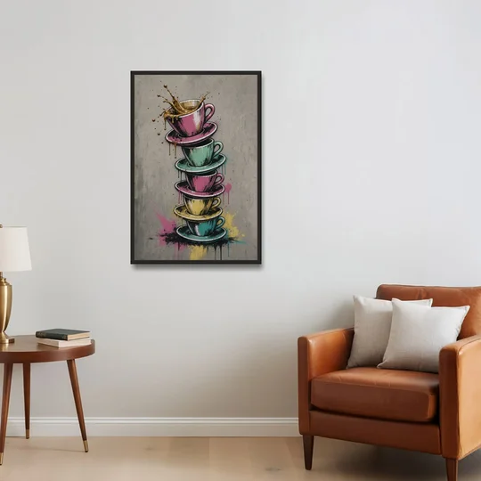 Street Art Espresso Cup Tower Splash - Black Framed Canvas Wall Art - Sofa - 24x36