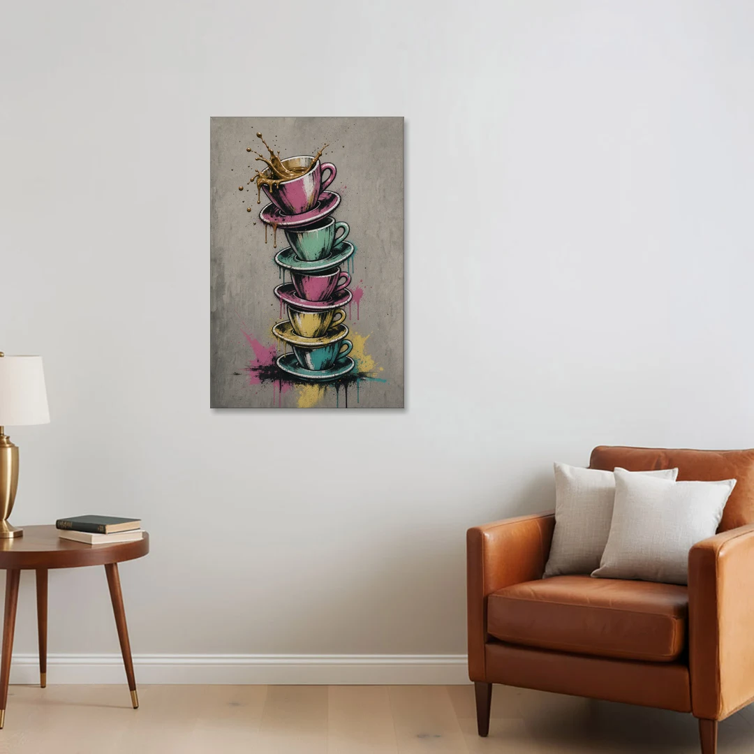 Street Art Espresso Cup Tower Splash - Canvas Wall Art - Sofa - 24x36