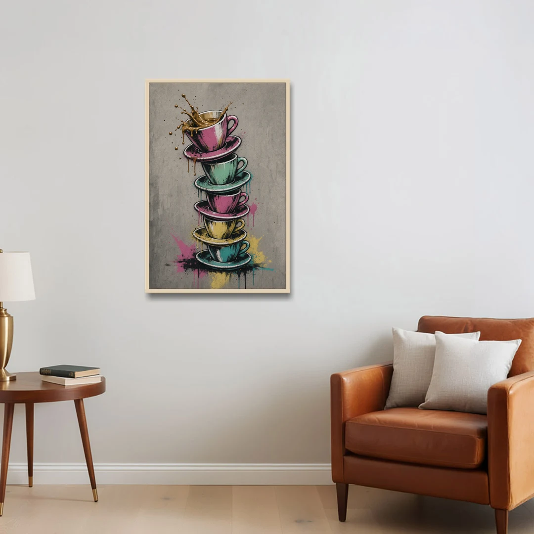 Street Art Espresso Cup Tower Splash - Oak Framed Canvas Wall Art - Sofa - 24x36