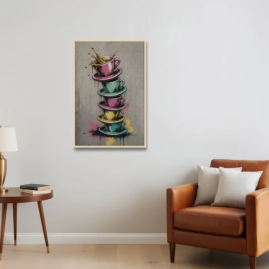 Street Art Espresso Cup Tower Splash - Oak Framed Canvas Wall Art - Sofa - 24x36