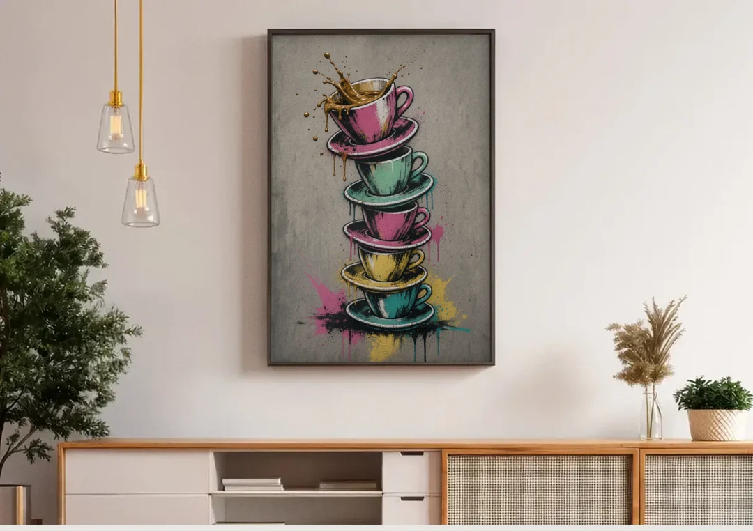 Street Art Espresso Cup Tower Splash canvas wall art above a wooden sideboard under pendant lights