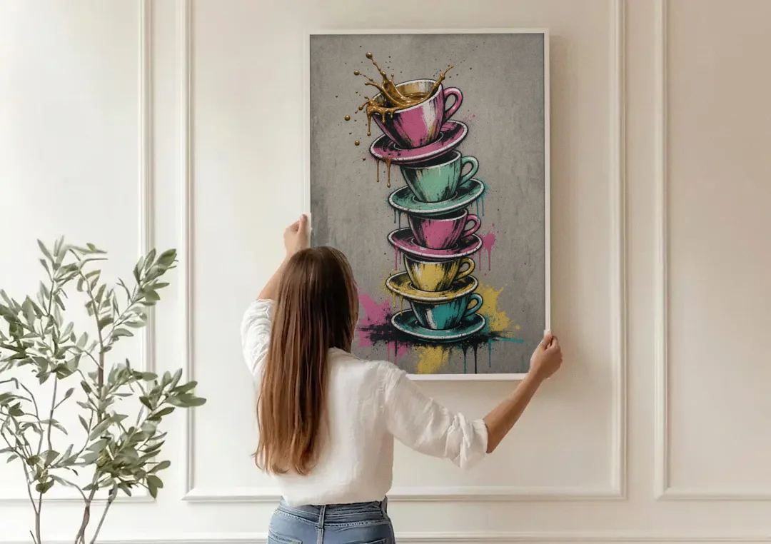 Street Art Espresso Cup Tower Splash canvas wall art being hung on a paneled wall