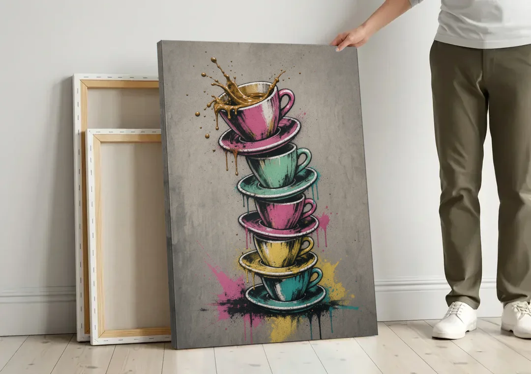 Street Art Espresso Cup Tower Splash canvas wall art leaning against a wall next to blank canvases