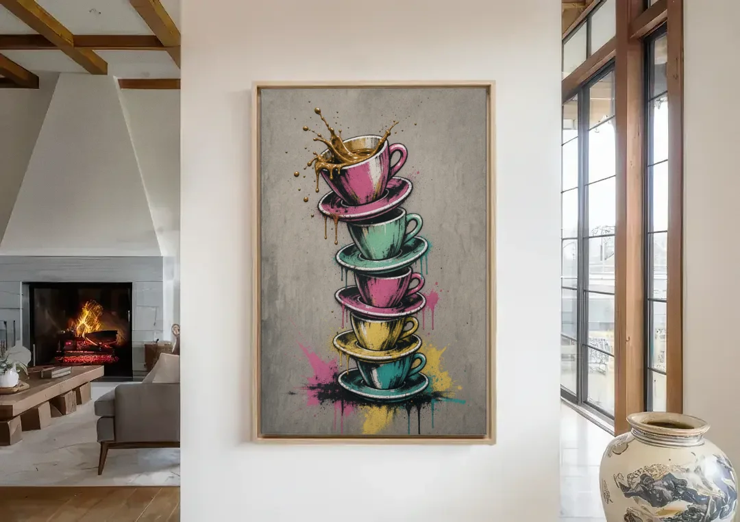 Street Art Espresso Cup Tower Splash canvas wall art in a living room with a fireplace