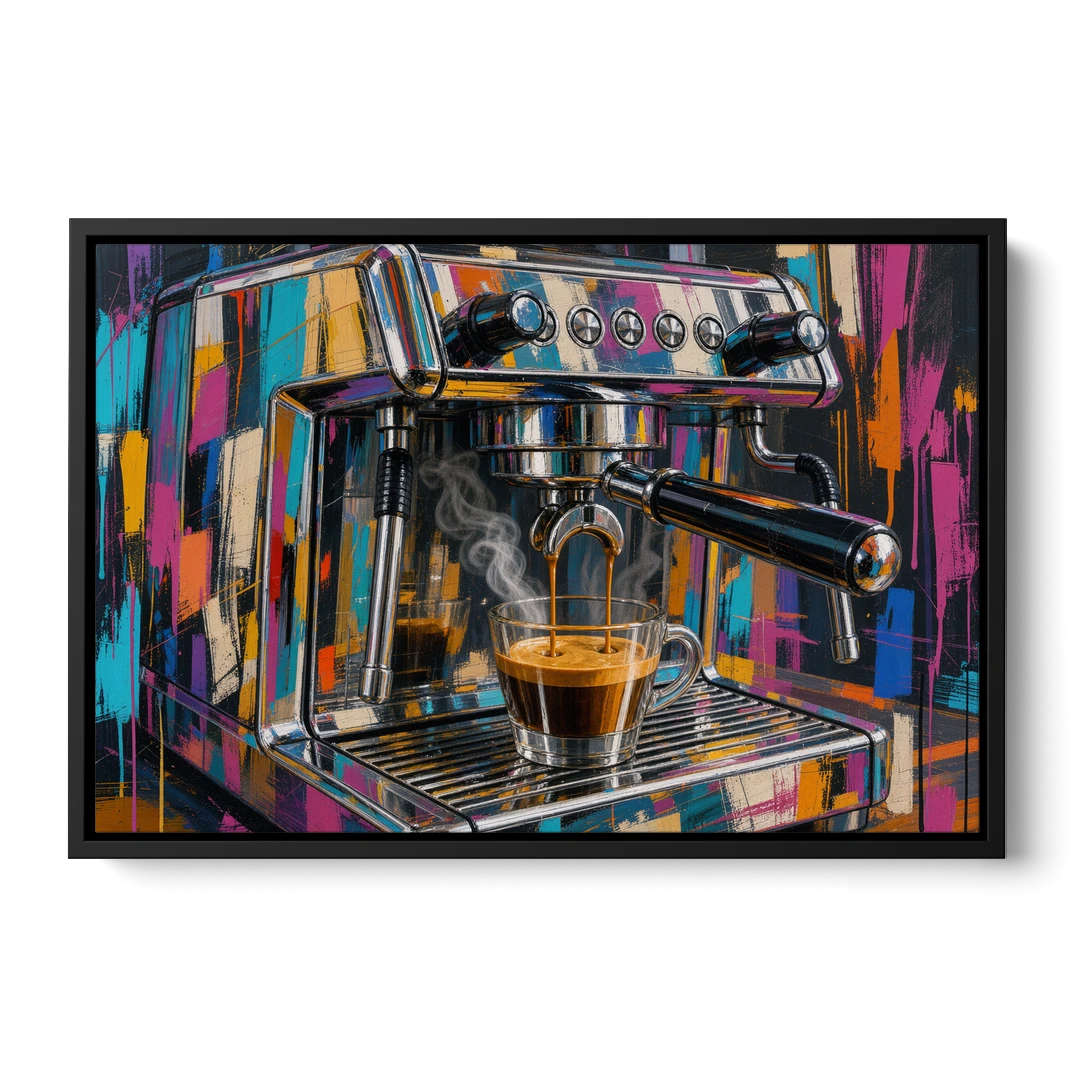 Espresso Painting of a Chrome Machine - Black Framed Canvas Wall Art - Front