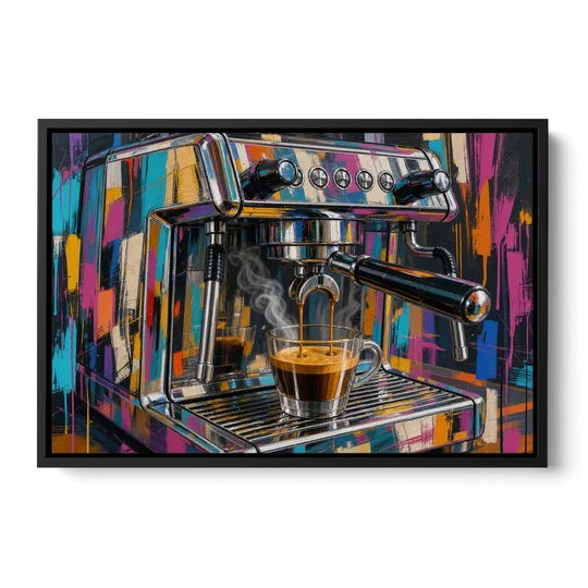Espresso Painting of a Chrome Machine - Black Framed Canvas Wall Art - Front