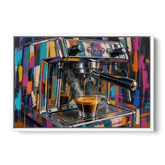 Espresso Painting of a Chrome Machine - White Framed Canvas Wall Art - Front