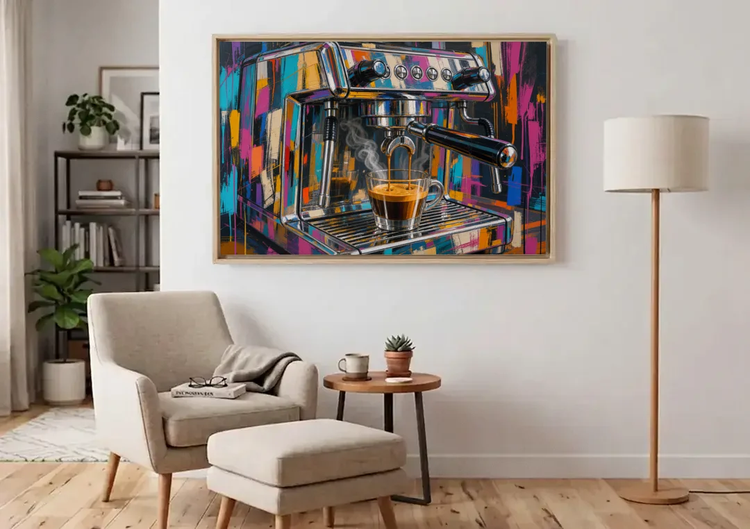 Espresso Painting of a Chrome Machine canvas wall art above an armchair in a bright living room
