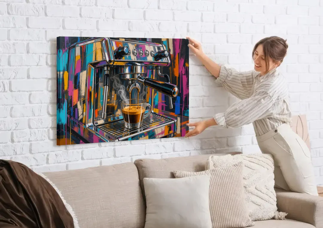 Espresso Painting of a Chrome Machine canvas wall art being hung on a white brick wall above a sofa