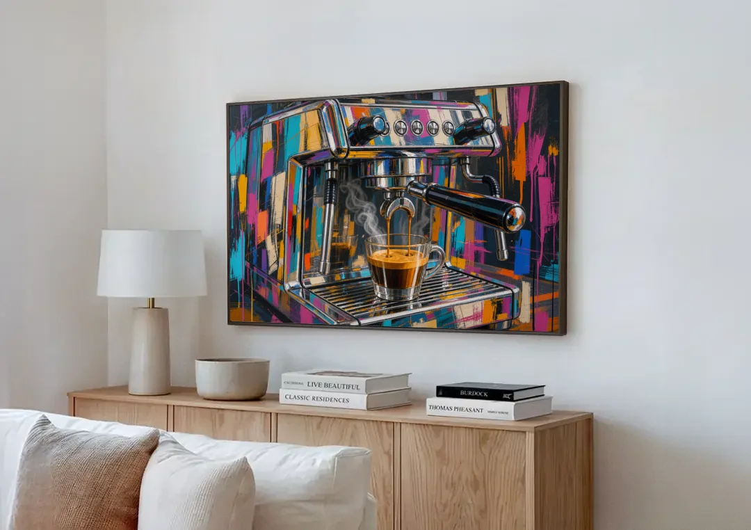 Espresso Painting of a Chrome Machine canvas wall art above a wooden sideboard next to a sofa
