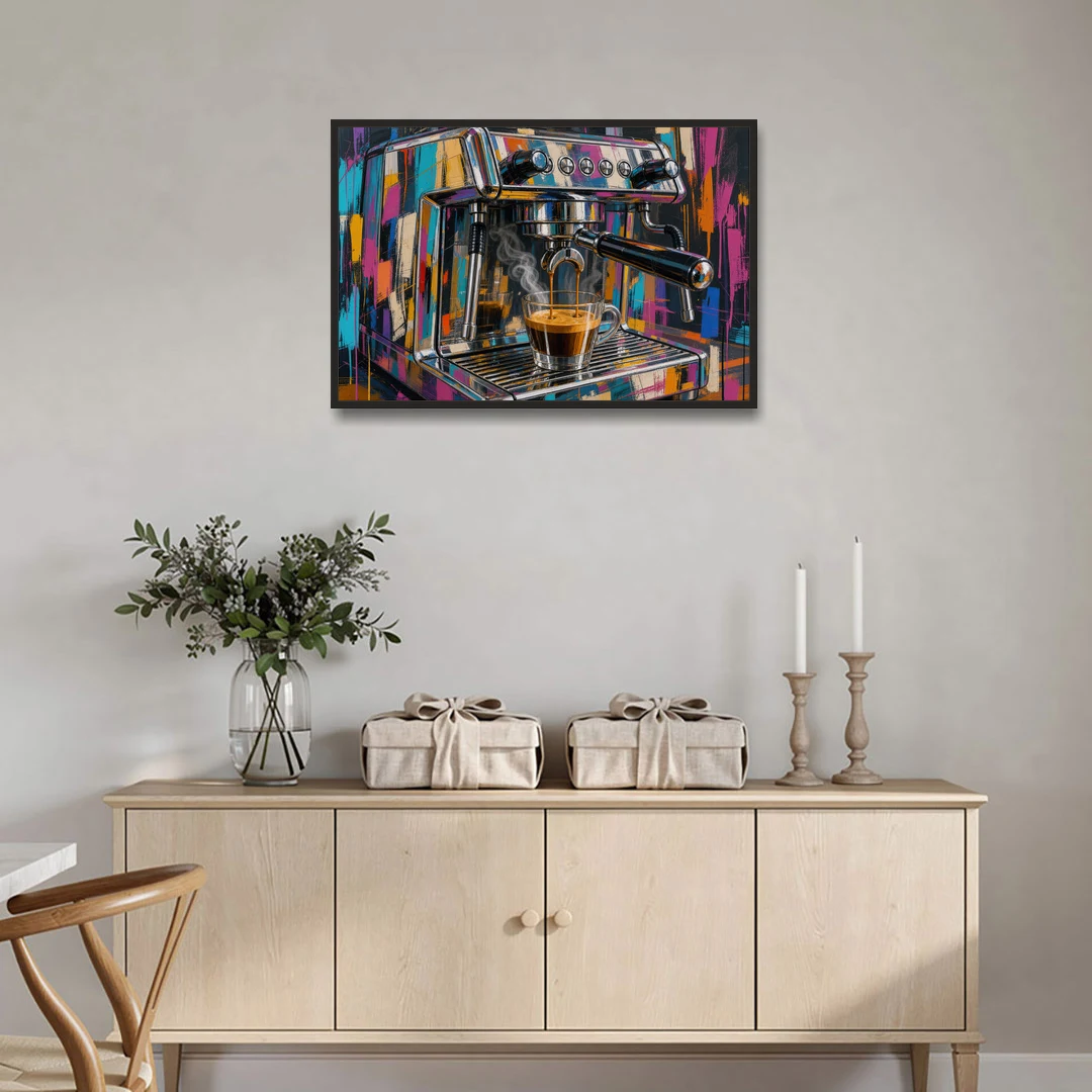Espresso Painting of a Chrome Machine - Black Framed Canvas Wall Art - Coffee Table - 36x24
