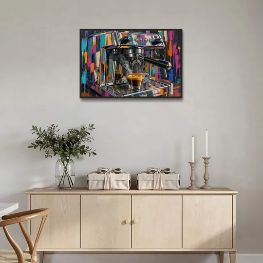 Espresso Painting of a Chrome Machine - Black Framed Canvas Wall Art - Coffee Table - 36x24
