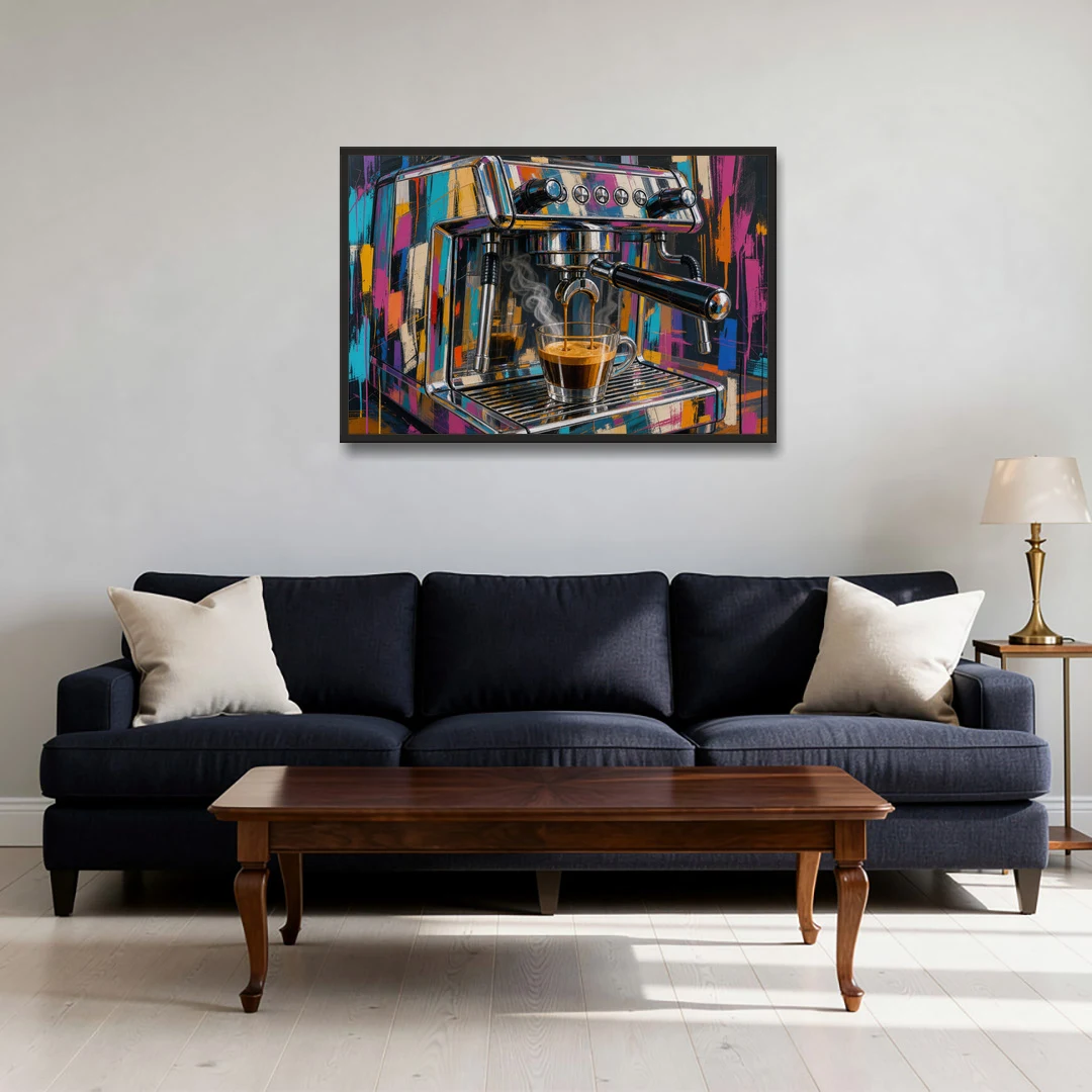 Espresso Painting of a Chrome Machine - Black Framed Canvas Wall Art - Sofa - 36x24